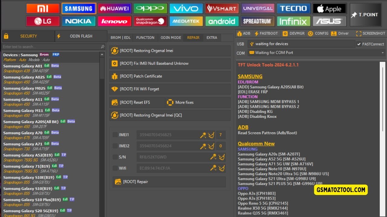 Tft unlock tool latest version free download (all-in-one solution) 11 Screenshot of tft unlock tool v6. 2. 1. 1 free download showing the samsung device list repair tab options imei repair fields efs reset tools and usb/com connection status.
