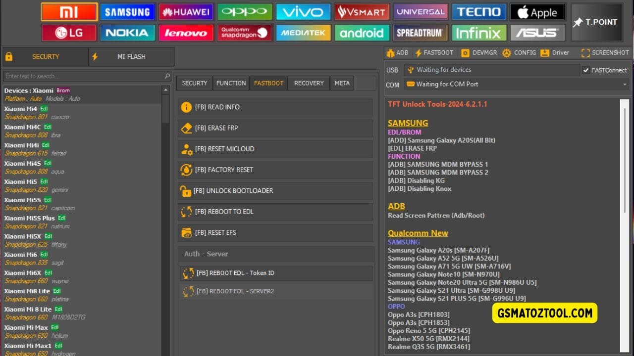 Tft unlock tool latest version free download (all-in-one solution) 4 Tft unlock tool showing the xiaomi device list fastboot tab options bootloader tools frp erase factory reset and usb/com connection status.