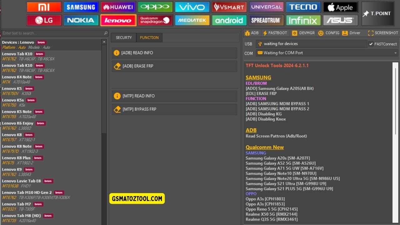 Tft unlock tool latest version free download (all-in-one solution) 41 Tft unlock tool lenovo function tab showing frp bypass and device information options via adb and mtp