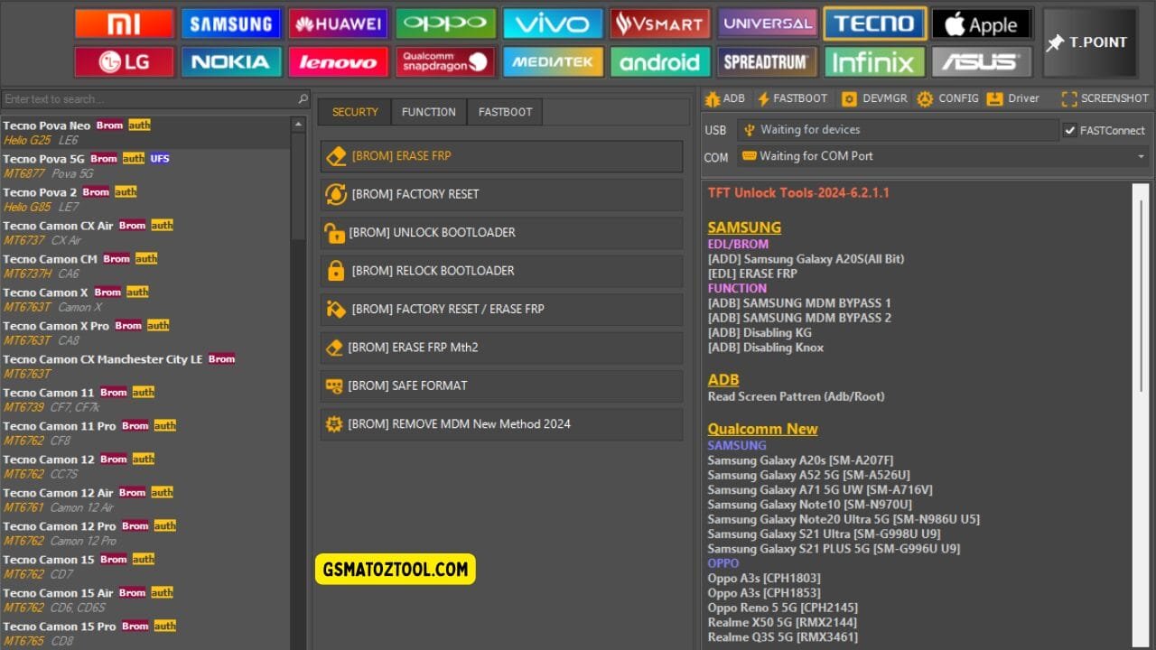 Tft unlock tool latest version free download (all-in-one solution) 27 Screenshot of tft unlock tools showing the tecno device list security tab options frp erase factory reset tools and usb/com connection status.