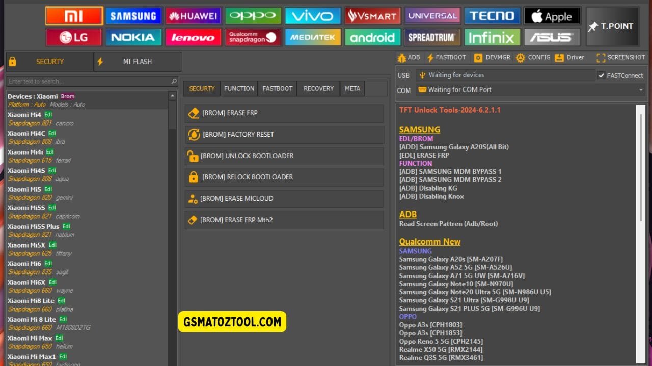Tft unlock tool latest version free download (all-in-one solution) 2 Tft unlock tools showing xiaomi device list security options like frp erase and bootloader unlock and connection status panel.