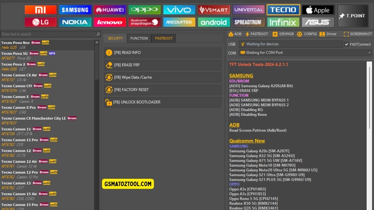 Tft unlock tool latest version free download (all-in-one solution) 29 Screenshot of tft unlocker tool showing the tecno device list fastboot tab options frp tools factory reset features bootloader controls and usb/com connection status.