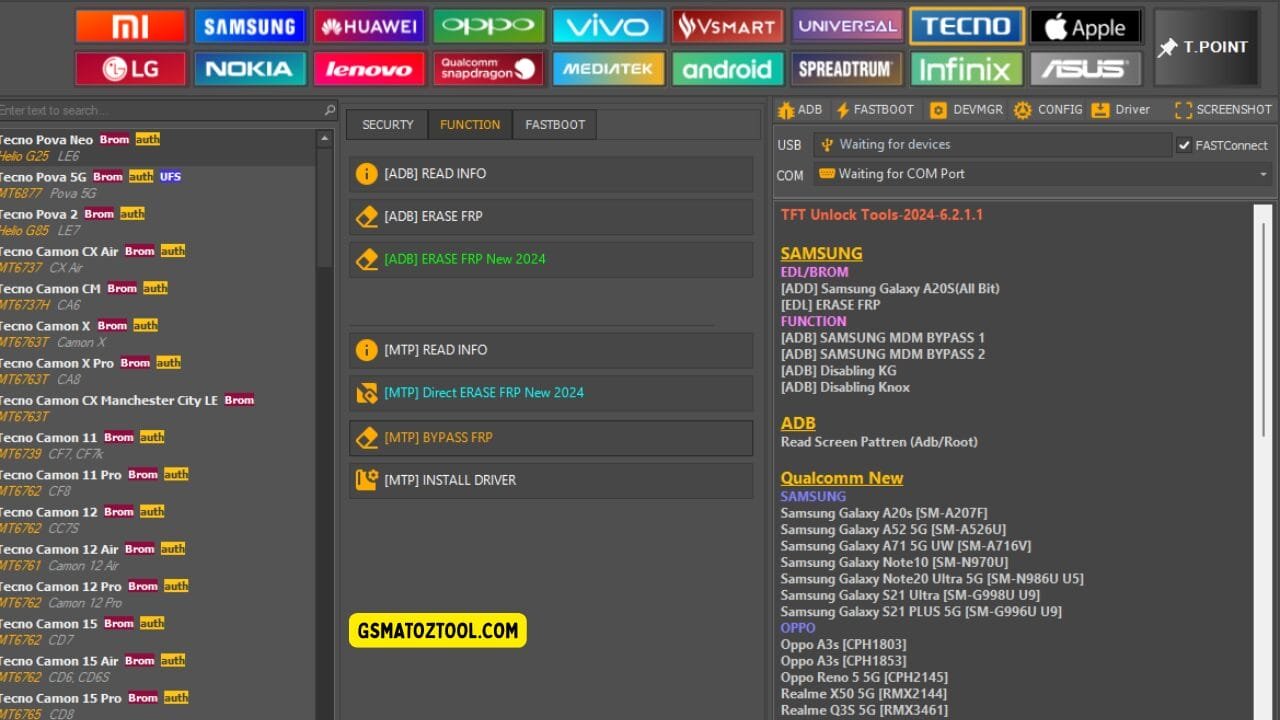 Tft unlock tool latest version free download (all-in-one solution) 28 Screenshot of tft unlocker tool showing the tecno device list function tab options adb and mtp frp tools and usb/com connection status.