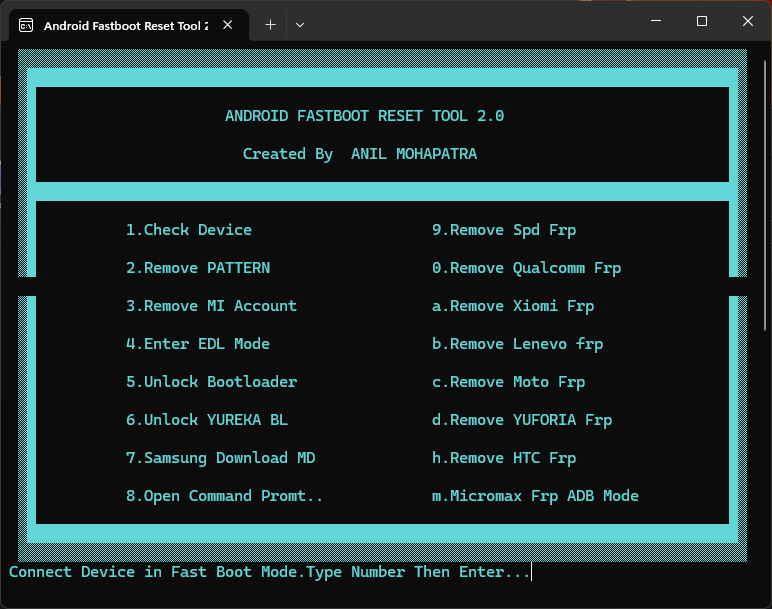 Android fastboot reset tool 2. 0 interface by anil mohapatra showing pattern and frp removal options.