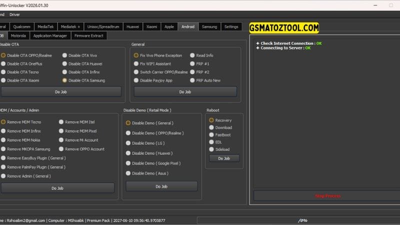 Griffin unlocker tool 2026. 03. 06 all-in-one flash frp knox & mdm removal 15 Griffin unlocker tool android adb tab showing disable ota samsung remove mdm tecno and remove payjoy app features.