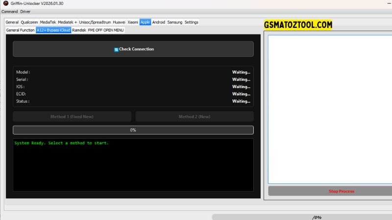 Griffin unlocker tool 2026. 03. 06 all-in-one flash frp knox & mdm removal 14 Griffin unlocker tool apple a12+ bypass icloud tab showing method 1 fixed new and method 2 new features.