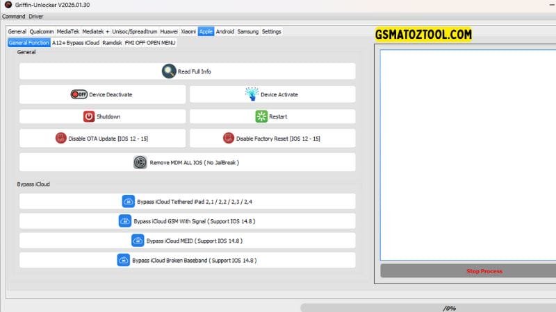 Griffin unlocker tool 2026. 03. 06 all-in-one flash frp knox & mdm removal 13 Griffin unlocker tool apple tab showing remove mdm no jailbreak bypass icloud gsm signal and disable ota features.