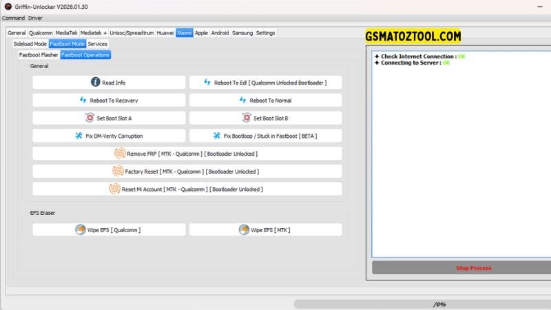 Griffin unlocker tool 2026. 03. 06 all-in-one flash frp knox & mdm removal 12 Griffin unlocker tool fastboot mode tab showing fix bootloop frp remove and dm-verity repair features.
