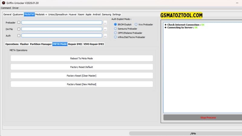 Griffin unlocker tool 2026. 03. 06 all-in-one flash frp knox & mdm removal 7 Griffin unlocker tool mediatek meta mode tab showing reboot to meta mode and factory reset new method