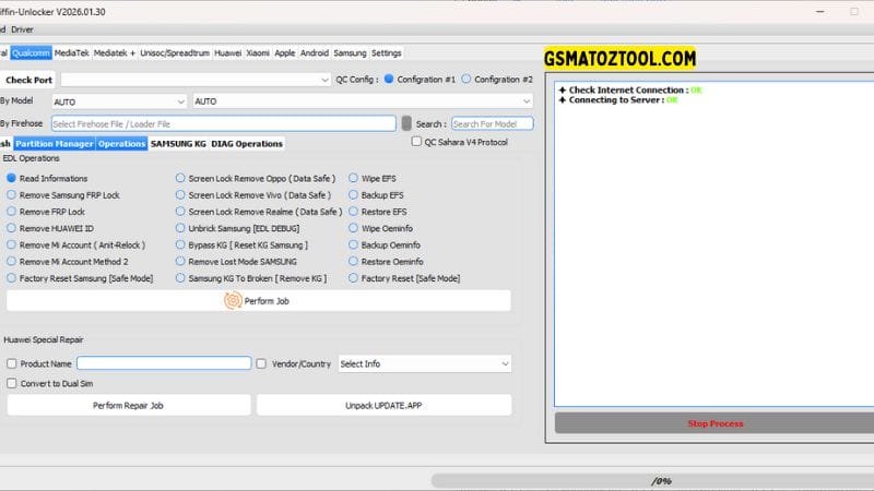 Griffin unlocker tool 2026. 03. 06 all-in-one flash frp knox & mdm removal 4 Griffin unlocker tool qualcomm edl operations tab showing samsung frp remove mi account anti-relock and data safe unlock for oppo vivo and realme.