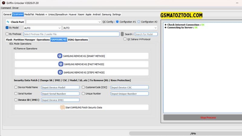 Griffin unlocker tool 2026. 03. 06 all-in-one flash frp knox & mdm removal 5 Griffin unlocker tool qualcomm samsung kg operations showing smart method kg removal and security data patch for knox bypass via edl.