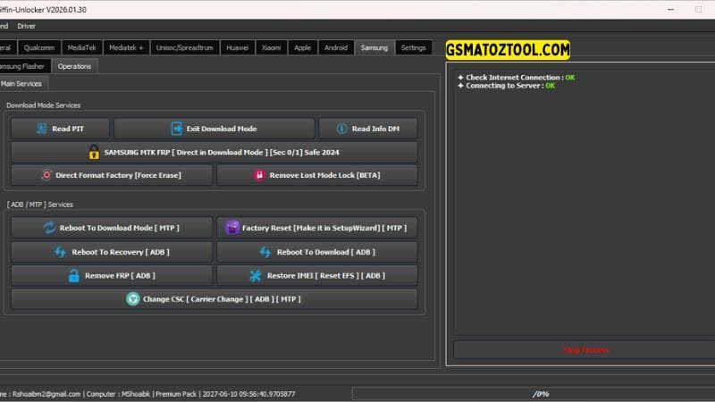 Griffin unlocker tool 2026. 03. 06 all-in-one flash frp knox & mdm removal 18 Griffin unlocker tool samsung operations tab showing samsung mtk frp download mode change csc carrier and direct format factory features.