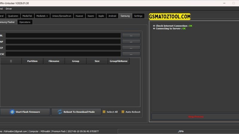 Griffin unlocker tool 2026. 03. 06 all-in-one flash frp knox & mdm removal 17 Griffin unlocker tool samsung flasher tab showing bl ap cp csc firmware flashing and reboot to download mode features.