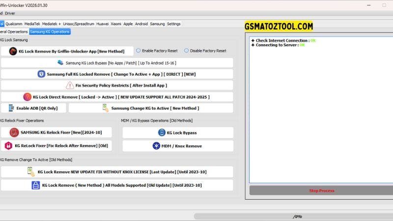 Griffin unlocker tool 2026. 03. 06 all-in-one flash frp knox & mdm removal 3 Griffin unlocker tool samsung kg operations tab showing kg lock bypass for android 15-16 relock fixer and knox guard removal
