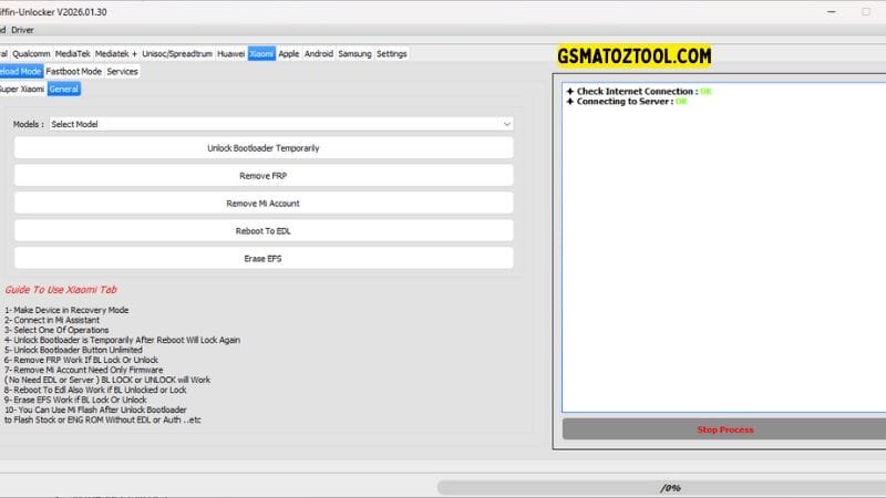 Griffin unlocker tool 2026. 03. 06 all-in-one flash frp knox & mdm removal 11 Griffin unlocker tool v2026 xiaomi sideload mode tab showing unlock bootloader temporarily remove mi account no auth and reboot to edl features.