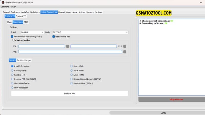 Griffin unlocker tool 2026. 03. 06 all-in-one flash frp knox & mdm removal 9 Griffin unlocker tool unisoc spreadtrum tab showing sc7731e frp remove samsung unisoc frp and realme unlock network