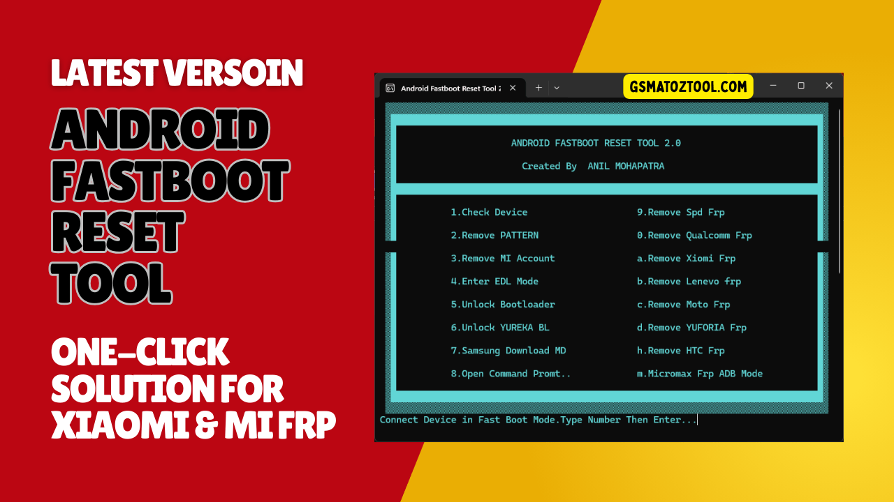 Android fastboot reset tool interface showing options to remove pattern lock and bypass xiaomi frp.