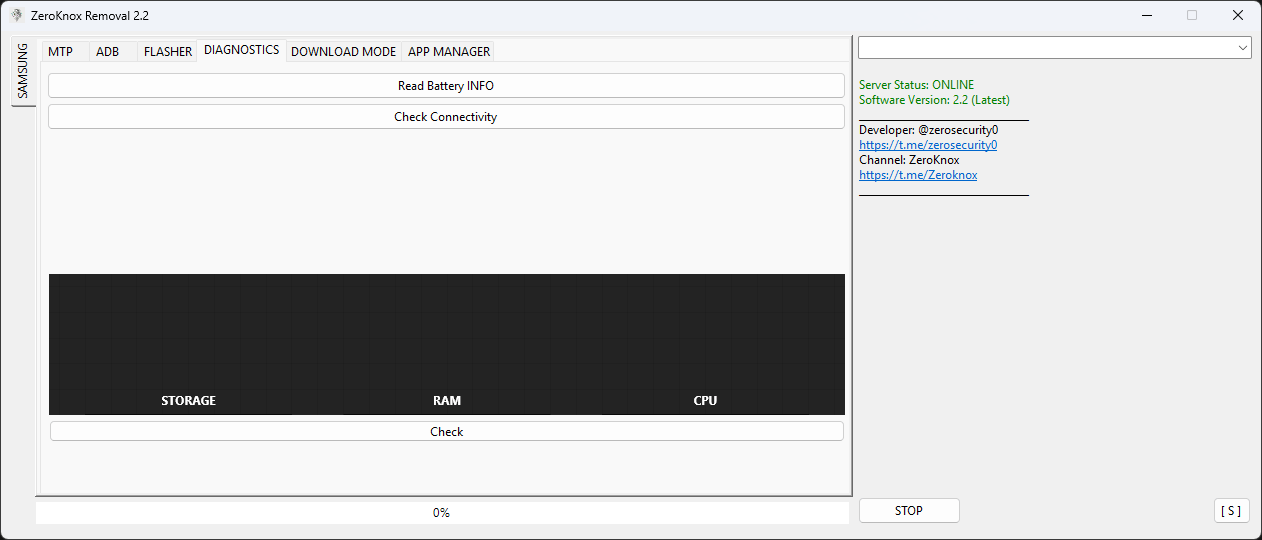Zero knox removal tool showing samsung frp bypass kg lock remove firmware flashing and device diagnostic options