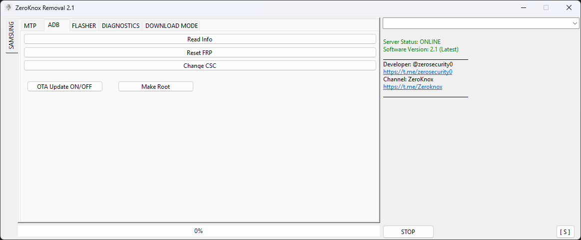 Zeroknox removal tool window showing samsung device information frp reset kg lock removal firmware flashing