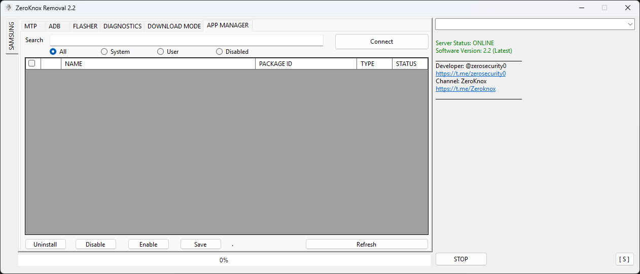 Zeroknox removal tool 2. 2 app manager tab showing app filters search bar connect button app list grid and uninstall/disable/enable options.