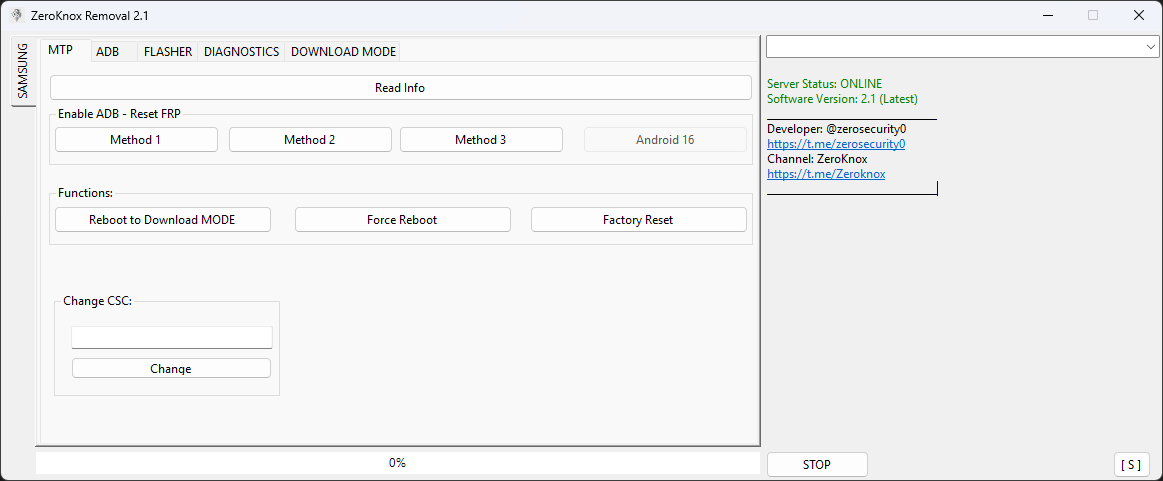 Zeroknox removal tool interface showing samsung frp reset kg unlock firmware flashing and device