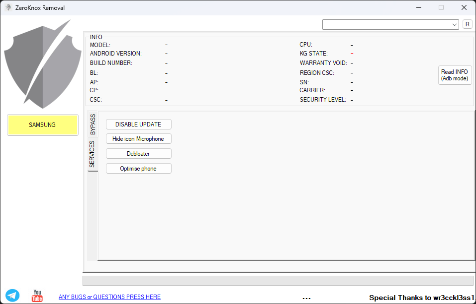 Zeroknox removal tool services tab showing disable update hide icon microphone debloater and optimise phone options for samsung devices.