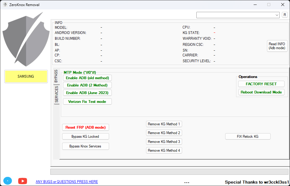 Zeroknox removal tool interface showing kg lock bypass frp reset adb enable methods factory reset and reboot download mode options for samsung devices.