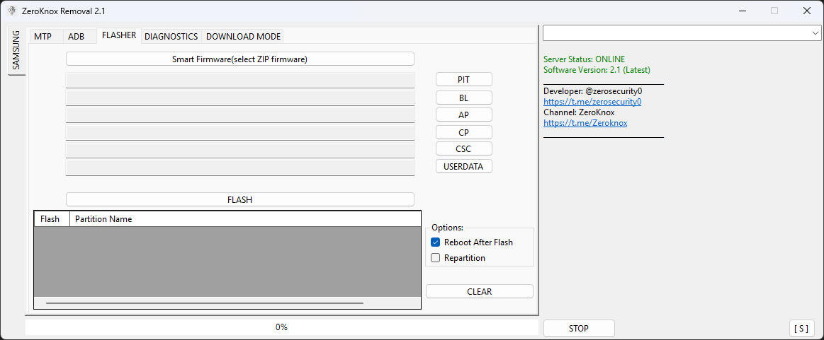Zeroknox removal 2. 2 interface showing kg lock removal frp reset diagnostics app manager and samsung