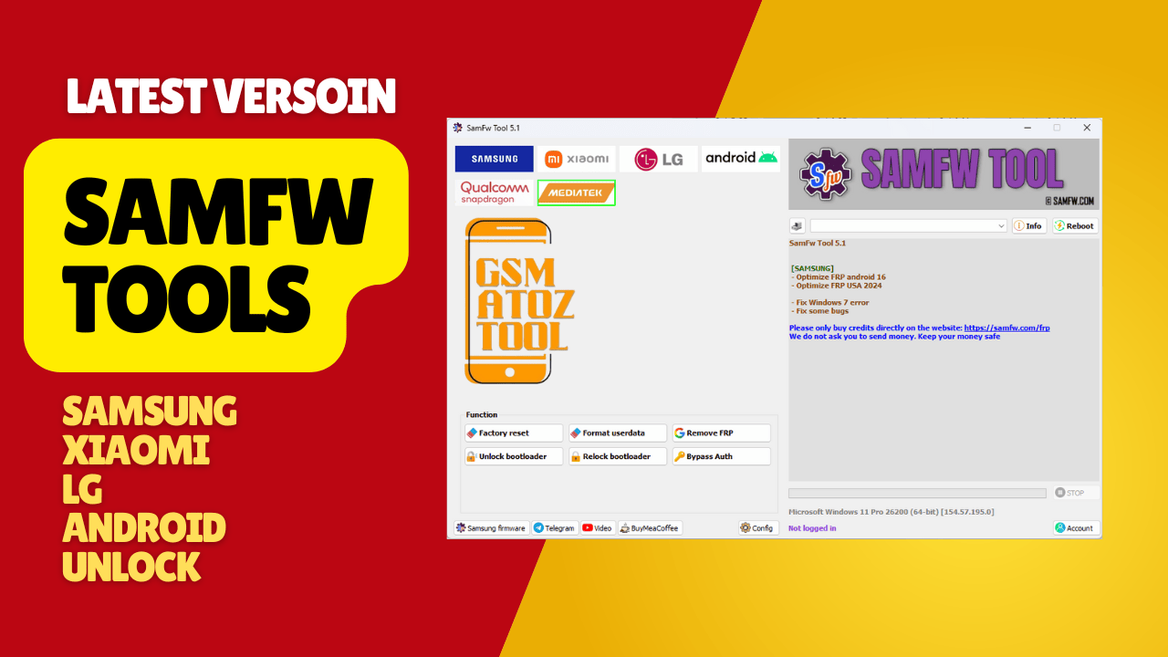 Samfw tools interface showing samsung xiaomi lg and android frp and unlock features