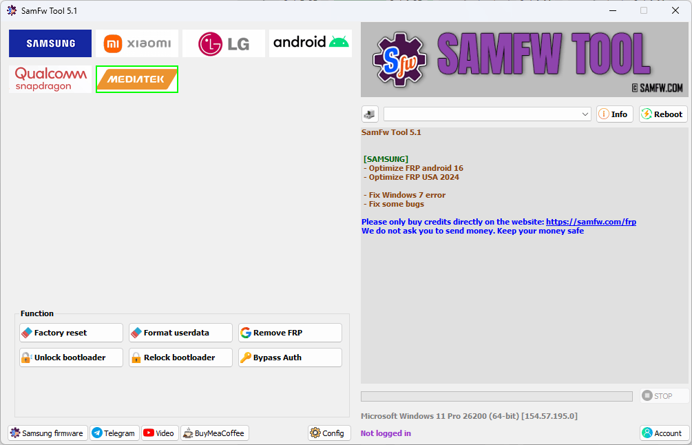 Samfw tools interface showing samsung xiaomi lg and android frp removal and unlock features