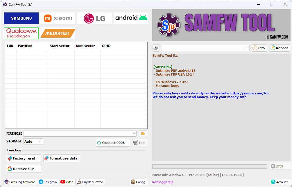 Samfw tools interface showing samsung xiaomi lg and android frp removal and unlock features