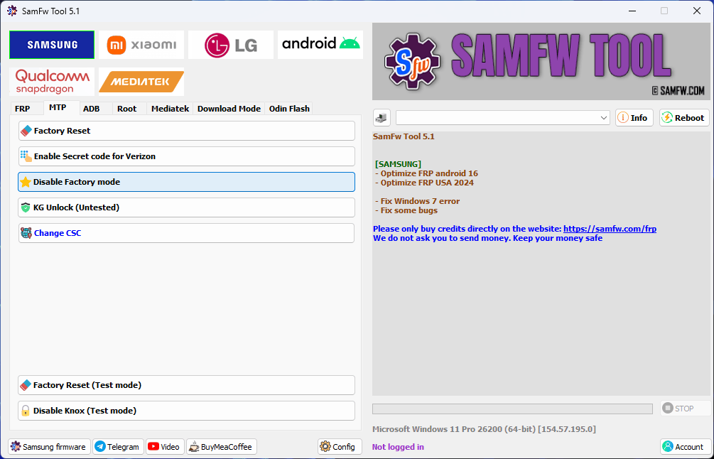 Samfw tools frp unlock interface showing samsung xiaomi lg and android device support
