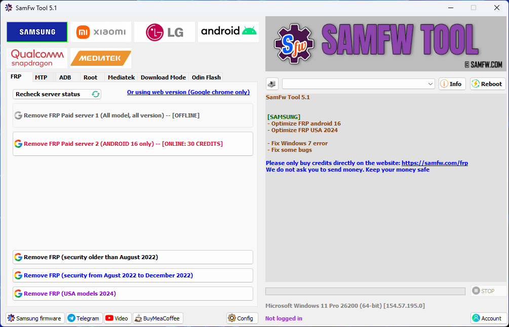 Samfw frp tool interface showing samsung xiaomi lg and android frp unlock options