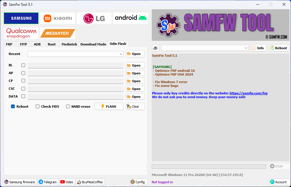 Samfw tools interface showing samsung xiaomi lg and android frp unlock and flashing options