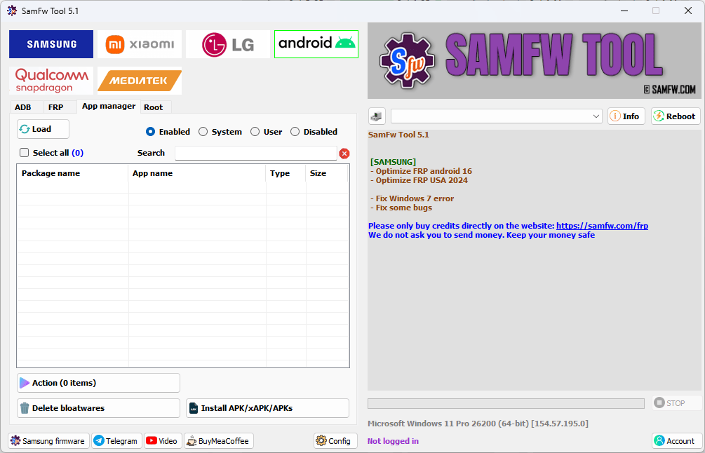 Samfw tools interface showing samsung xiaomi lg and android frp unlock and flashing options