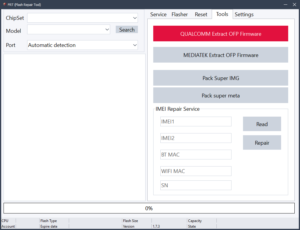 Frt tool v. 1. 7. 5 android flash repair for mtk & qualcomm 4 Frt tool download screen showing android flash repair software for mtk and qualcomm devices