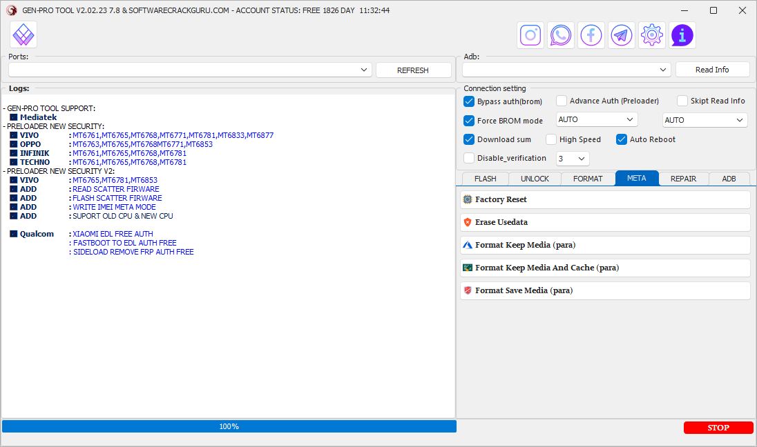 Genpro tool meta tab options - factory reset erase usedata keep media