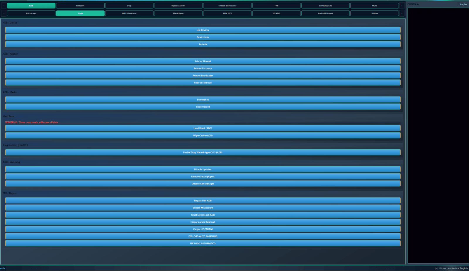 Clancells simple tools interface displaying the adb tab with options for frp bypass hard reset and device management.