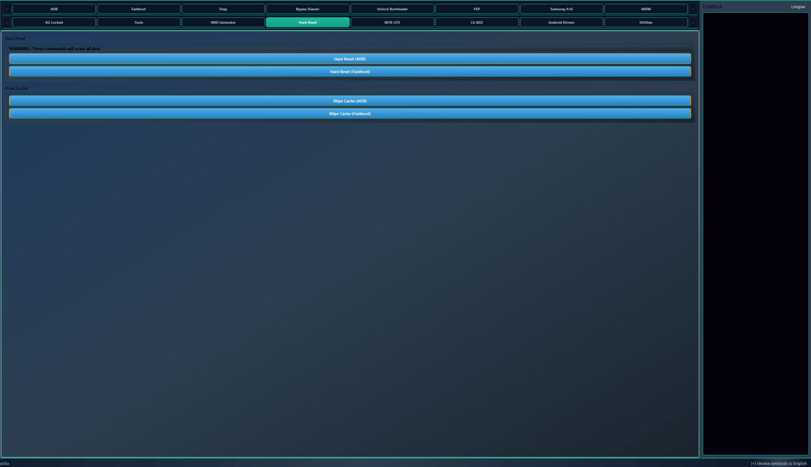 Hard reset tab in clancells simple tools showing options to perform a factory reset and wipe cache via adb or fastboot.