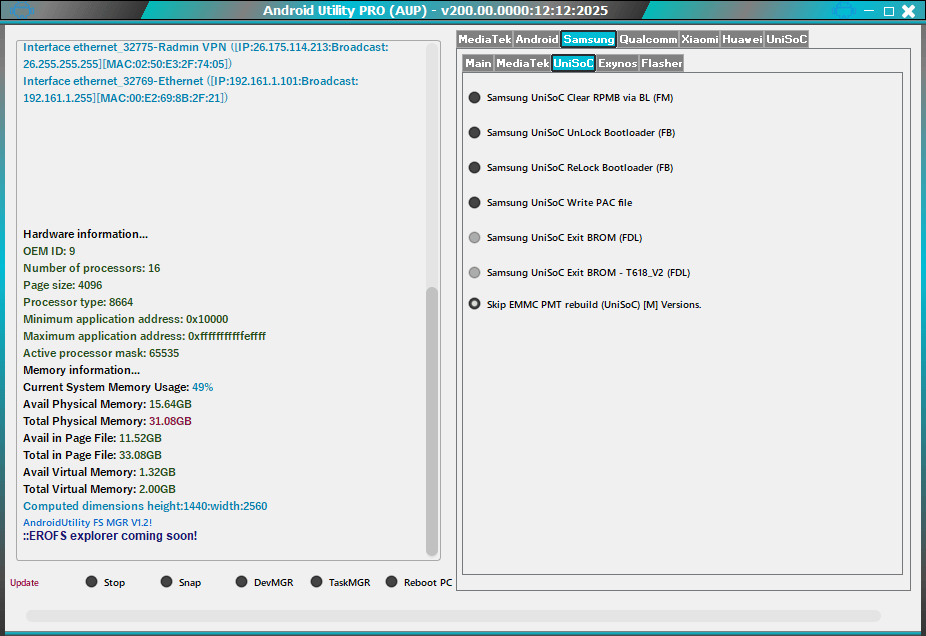 Android utility pro samsung unisoc features – rpmb clear bootloader unlock brom exit pac file write t618_v2 fdl support