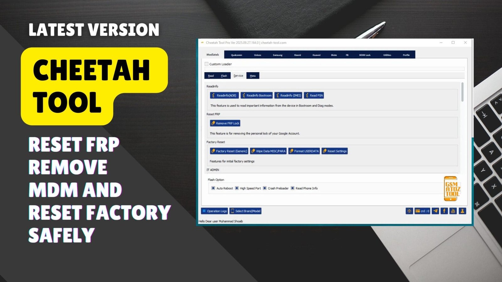 Cheetah tool software interface used to remove frp fix kg lock unlock sim and repair mobile devices