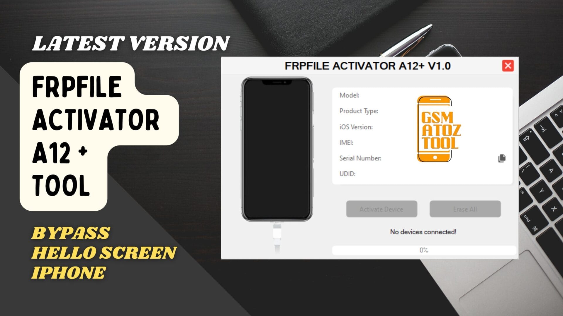 Frpfile activator a12 + tool bypass hello screen iphone Frpfile activator a12 plus tool interface showing iphone hello screen bypass and activation options on windows pc