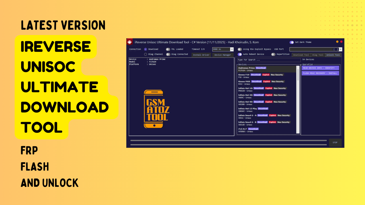 Ireverse unisoc ultimate download tool for frp flash and unlock 1 Ireverse unisoc ultimate download tool interface showing flash button pac firmware file loader and diagnostic options for unisoc devices
