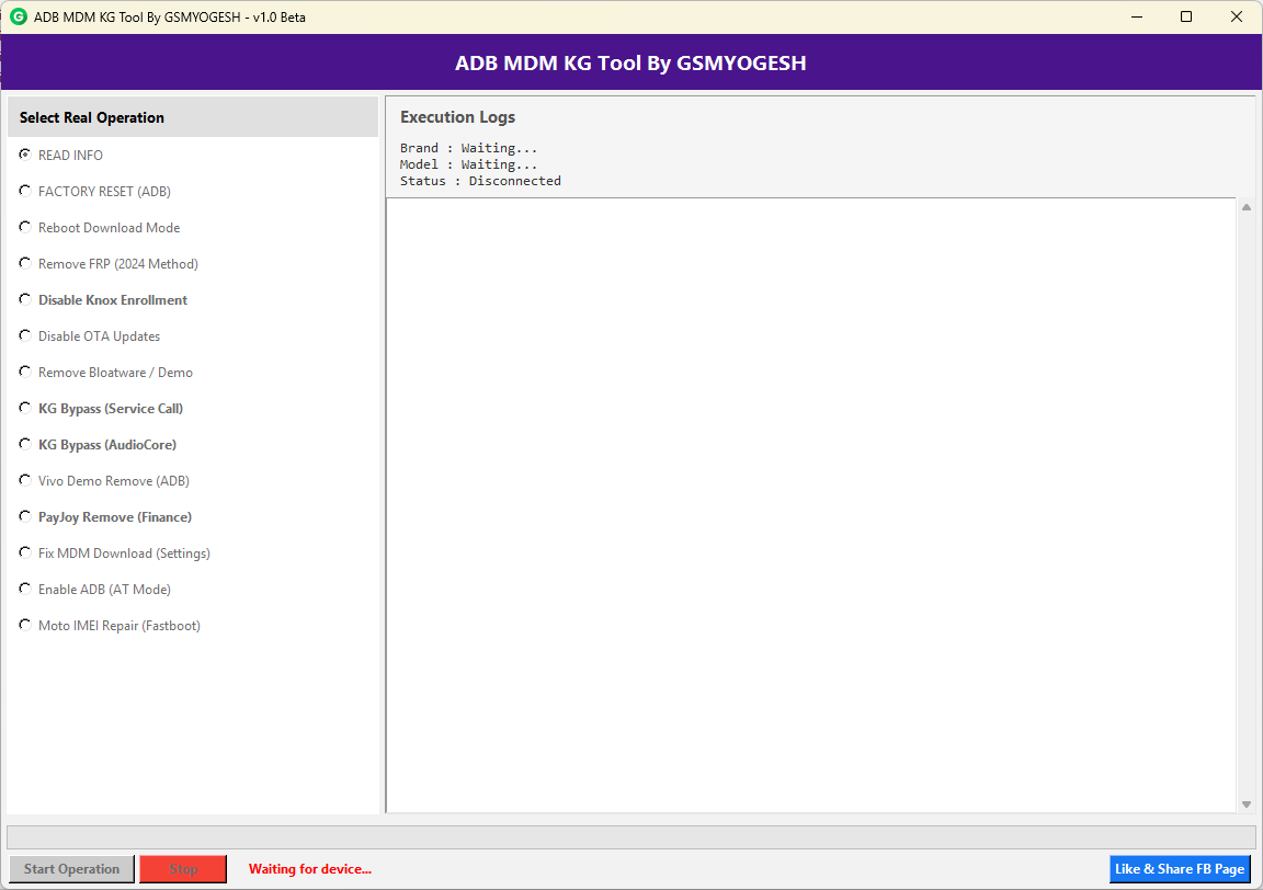 Adb mdm kg tool interface showing samsung kg lock bypass frp removal options mdm unlock features and 2024 repair functions