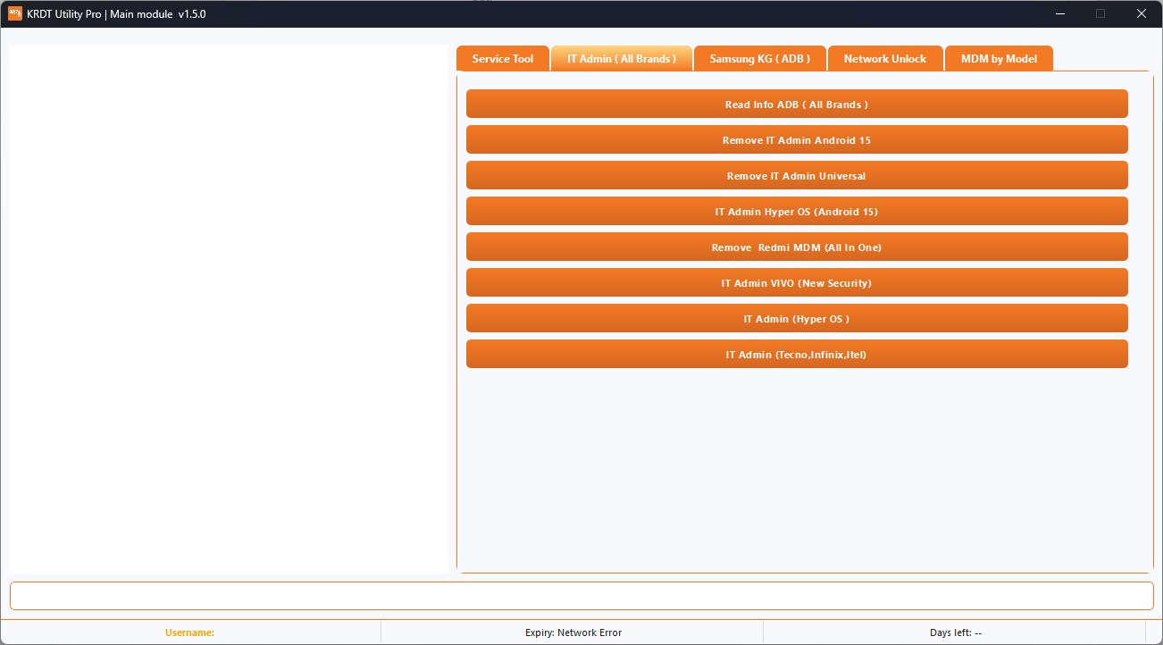 Krdt utility pro tool interface showing options for removing mdm unlocking sim fixing kg lock and patching android security