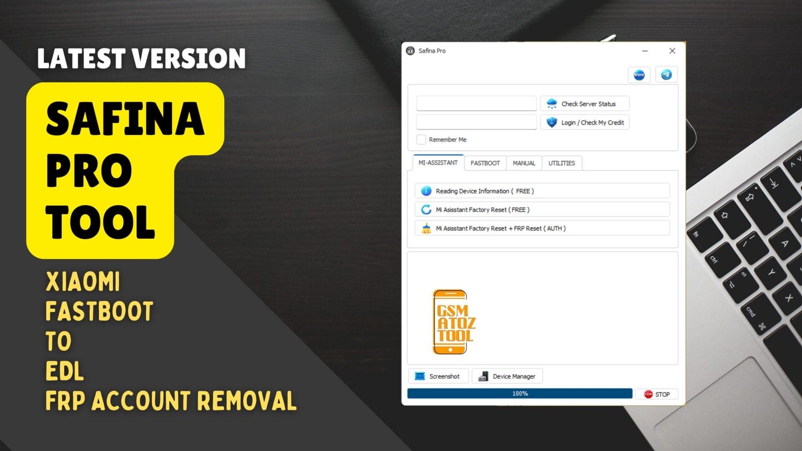 Safina pro tool interface showing xiaomi fastboot to edl and frp removal options