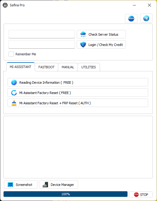 Safina pro tool interface showing xiaomi fastboot to edl and frp removal features