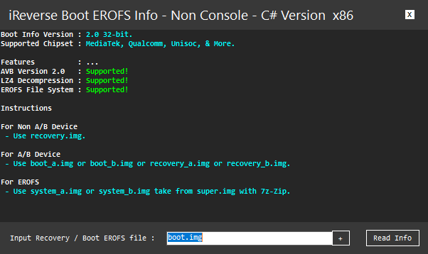 Ireverse boot info tool interface showing support for avb 2. 0 lz4 decompression and erofs file system compatibility.