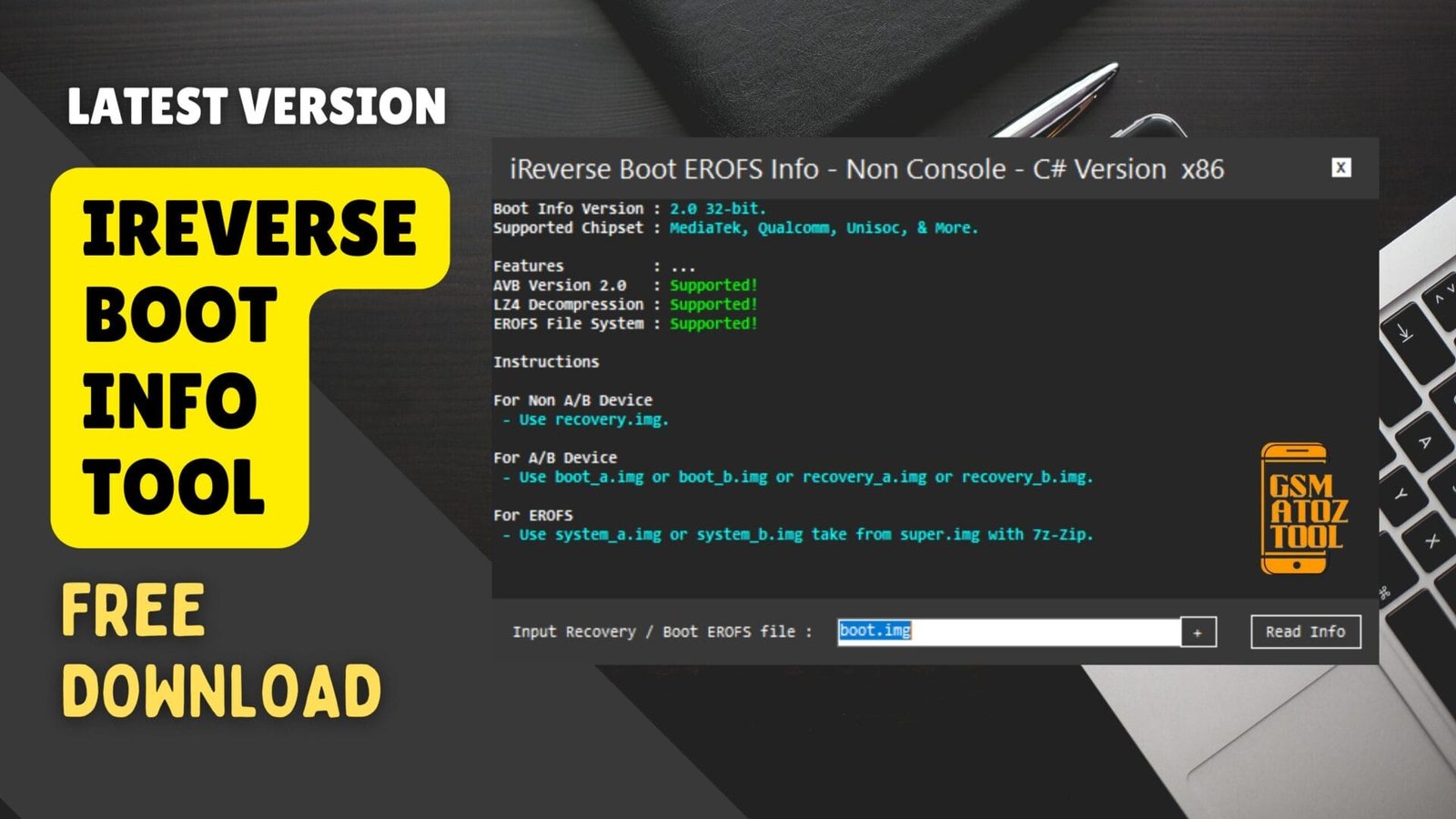 Ireverse boot info tool interface showing supported features like avb version 2. 0 lz4 decompression and erofs file system