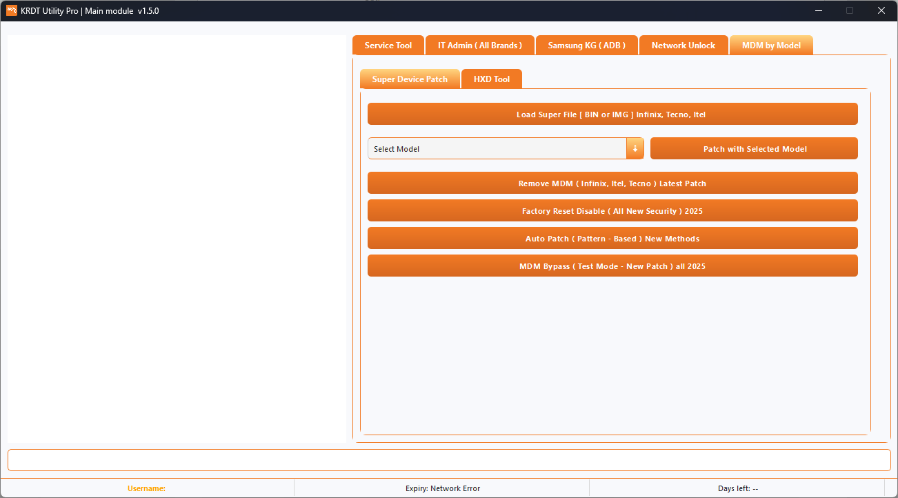 Krdt utility pro tool interface showing mdm removal samsung kg unlock and it admin features